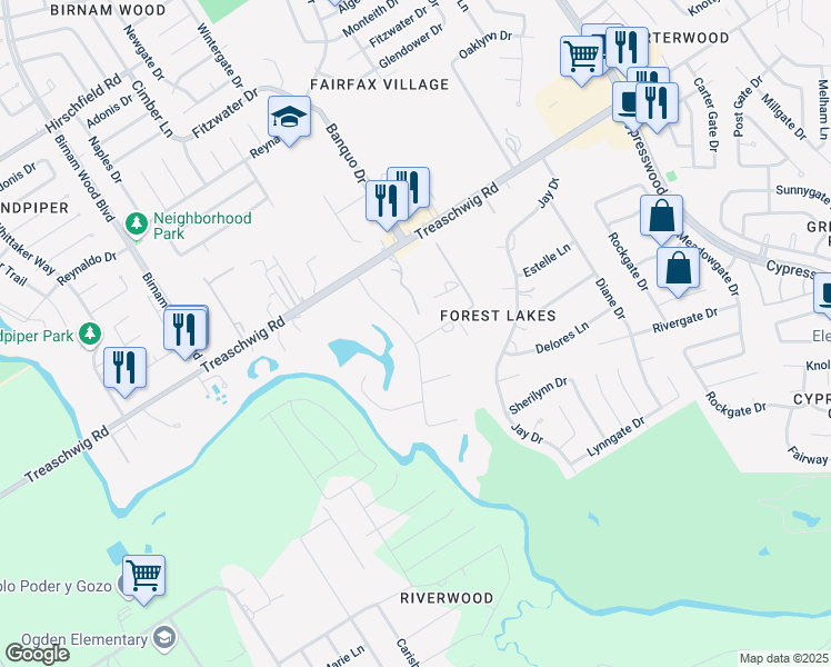 map of restaurants, bars, coffee shops, grocery stores, and more near 22507 Lakeway Drive in Spring
