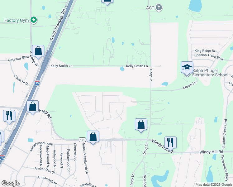 map of restaurants, bars, coffee shops, grocery stores, and more near 209 Kookaburra Bend in Kyle