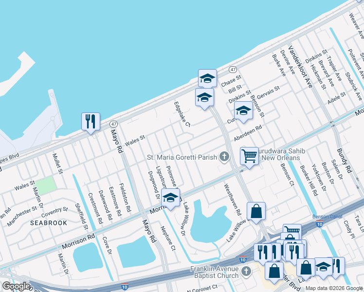 map of restaurants, bars, coffee shops, grocery stores, and more near 7631 Ebbtide Drive in New Orleans