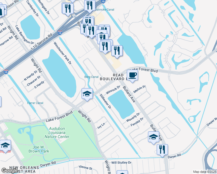 map of restaurants, bars, coffee shops, grocery stores, and more near 11276 Lake Forest Boulevard in New Orleans