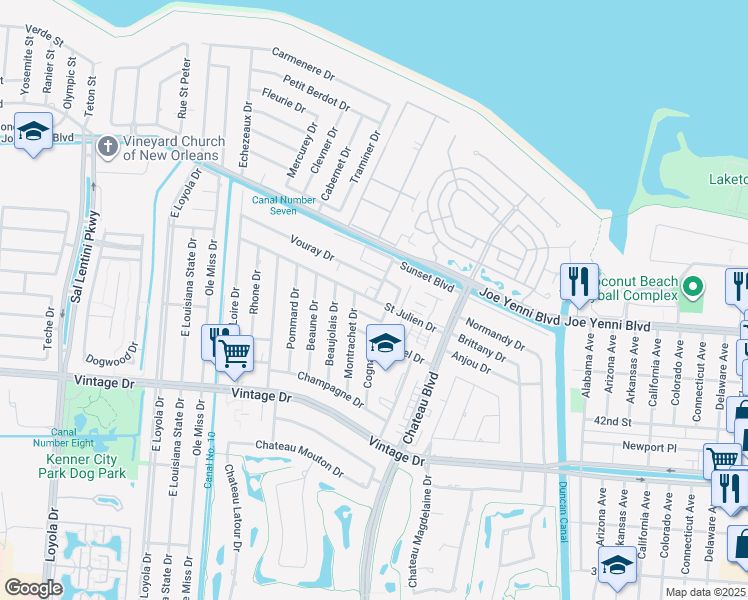map of restaurants, bars, coffee shops, grocery stores, and more near 1000 Saint Julien Drive in Kenner