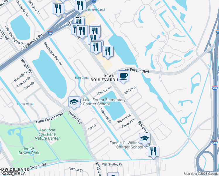map of restaurants, bars, coffee shops, grocery stores, and more near 11292 Winrock Drive in New Orleans
