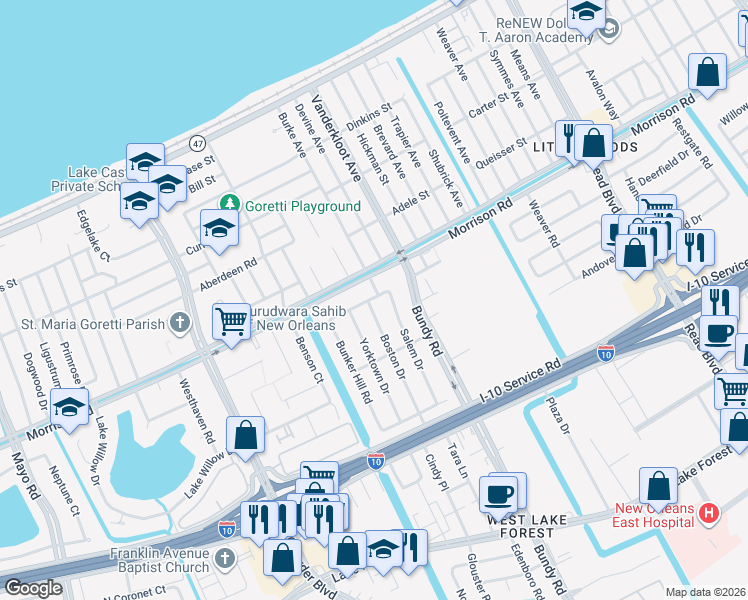 map of restaurants, bars, coffee shops, grocery stores, and more near 8944 Bunker Hill Road in New Orleans