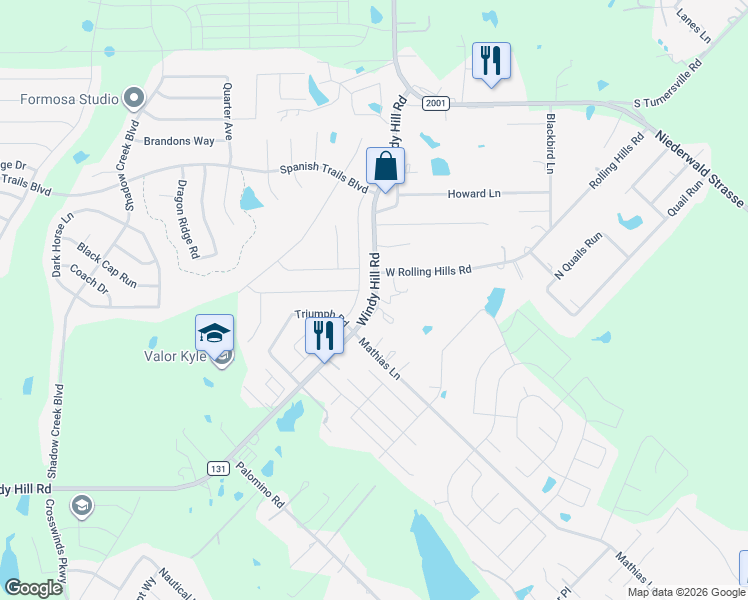 map of restaurants, bars, coffee shops, grocery stores, and more near 940 County Road 131 in Kyle