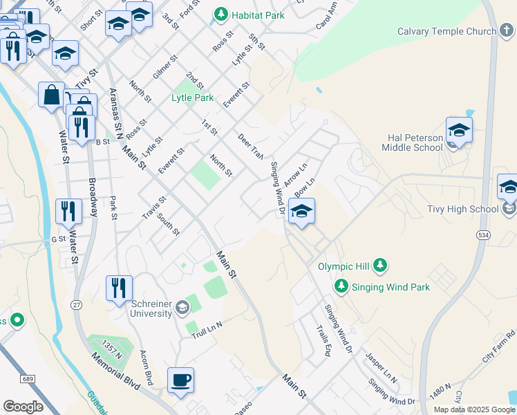 map of restaurants, bars, coffee shops, grocery stores, and more near 515 Wigwam Lane in Kerrville