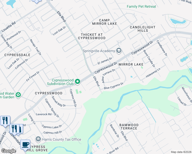 map of restaurants, bars, coffee shops, grocery stores, and more near 18334 Ella Boulevard in Spring