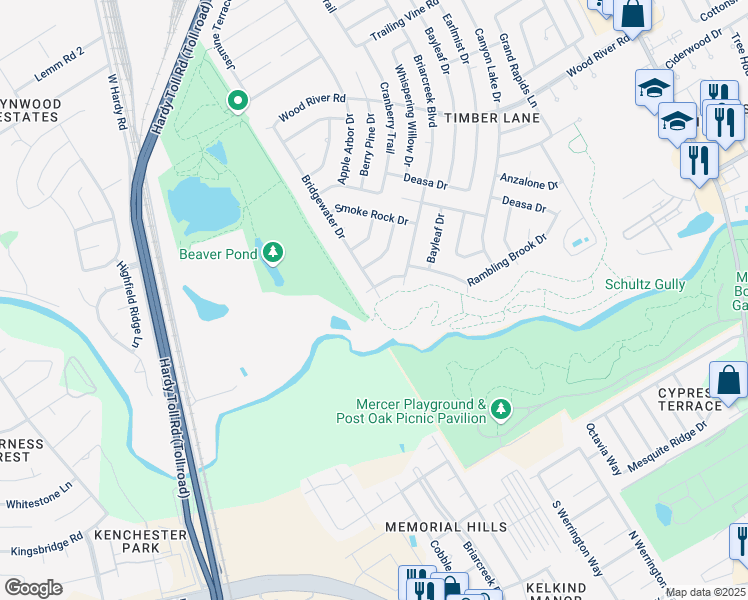 map of restaurants, bars, coffee shops, grocery stores, and more near 22627 Bridgewater Drive in Spring