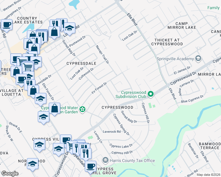 map of restaurants, bars, coffee shops, grocery stores, and more near 17734 Sorrell Ridge Drive in Spring