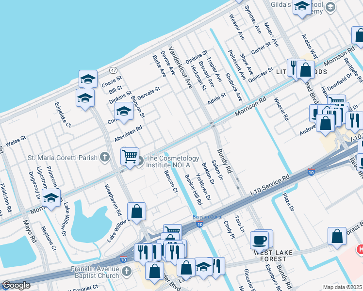 map of restaurants, bars, coffee shops, grocery stores, and more near 8822 Morrison Road in New Orleans