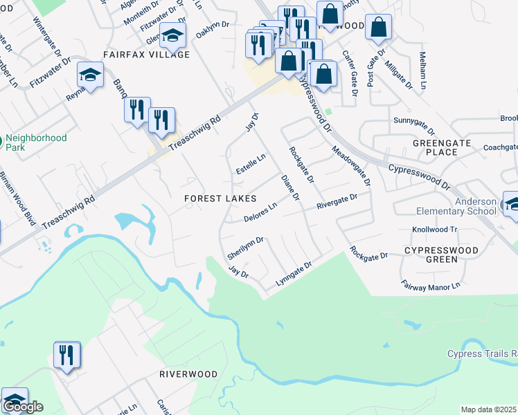 map of restaurants, bars, coffee shops, grocery stores, and more near 5327 Delores Lane in Spring