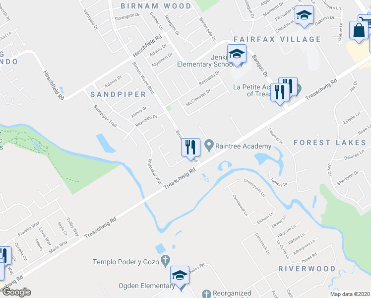 map of restaurants, bars, coffee shops, grocery stores, and more near 22914 Twisting Maple Ct in Spring