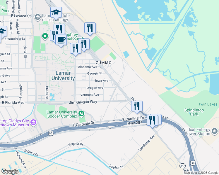 map of restaurants, bars, coffee shops, grocery stores, and more near 1266 Oregon Avenue in Beaumont
