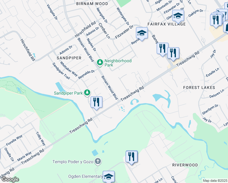 map of restaurants, bars, coffee shops, grocery stores, and more near 22914 Twisting Maple Court in Spring