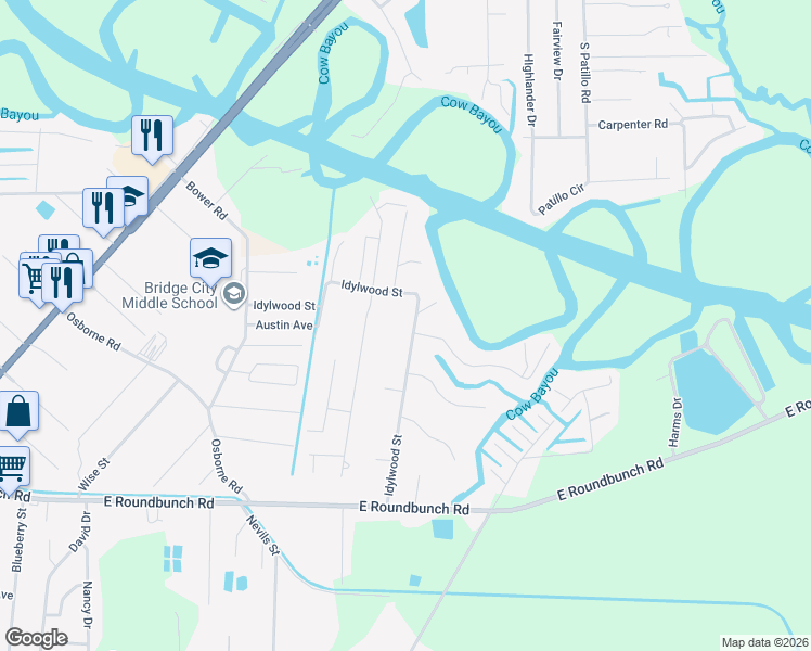 map of restaurants, bars, coffee shops, grocery stores, and more near 848 Idylwood Street in Bridge City