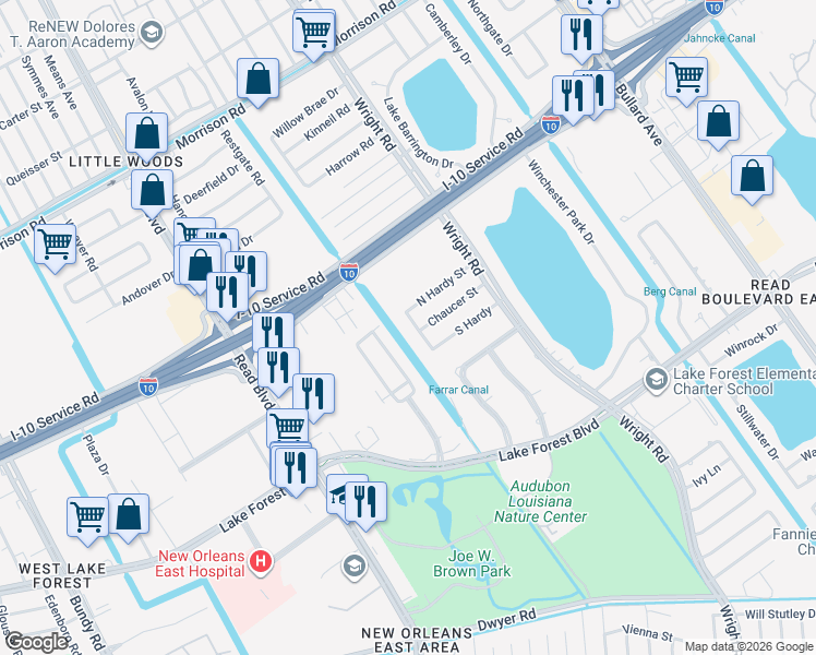 map of restaurants, bars, coffee shops, grocery stores, and more near 5953 East deer Park Boulevard in New Orleans