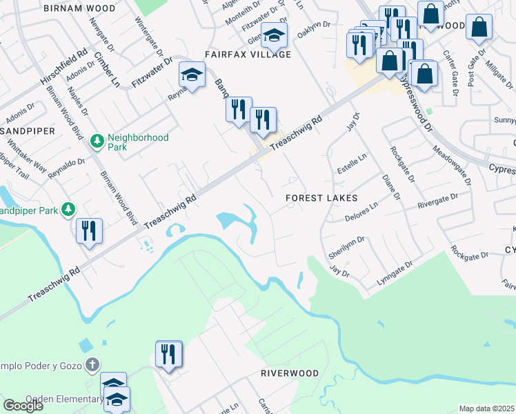 map of restaurants, bars, coffee shops, grocery stores, and more near 22507 Lakeway Drive in Spring