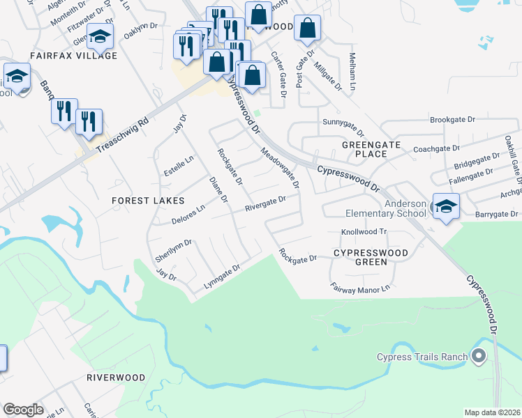 map of restaurants, bars, coffee shops, grocery stores, and more near 5506 Rivergate Drive in Spring