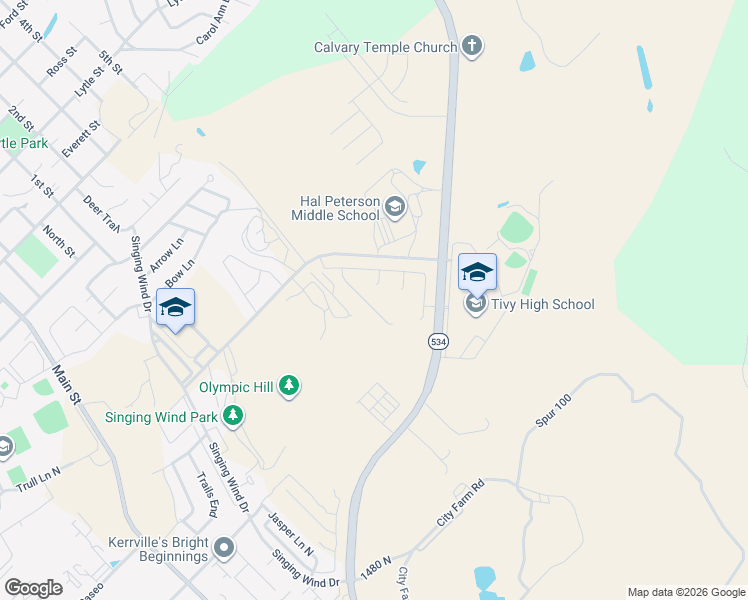 map of restaurants, bars, coffee shops, grocery stores, and more near 612 Austin Lane in Kerrville