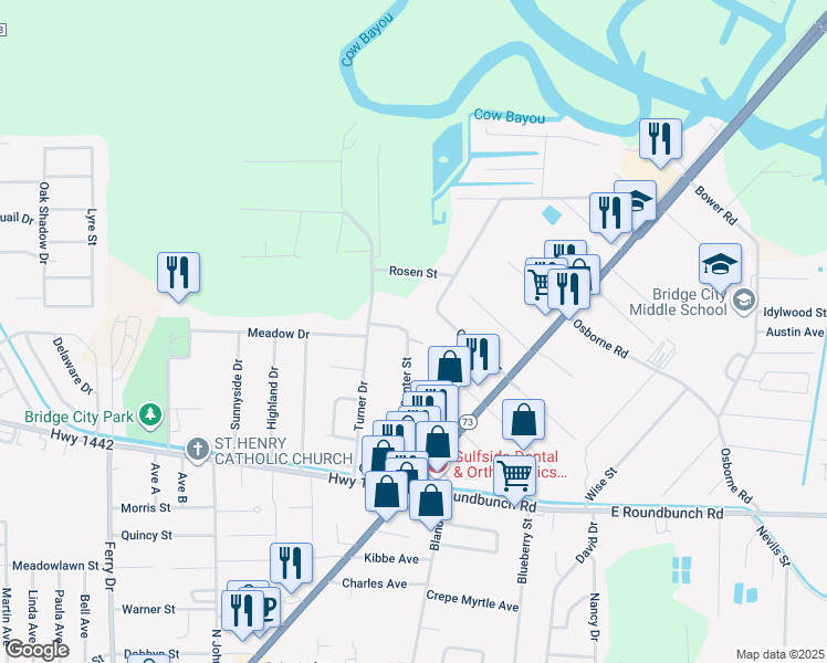 map of restaurants, bars, coffee shops, grocery stores, and more near 986 Center Street in Bridge City