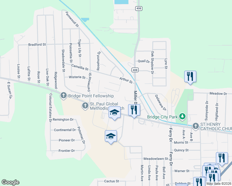 map of restaurants, bars, coffee shops, grocery stores, and more near 1109 Bernice Lane in Bridge City