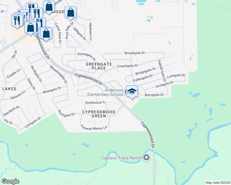 map of restaurants, bars, coffee shops, grocery stores, and more near 6234 Forestgate Drive in Spring