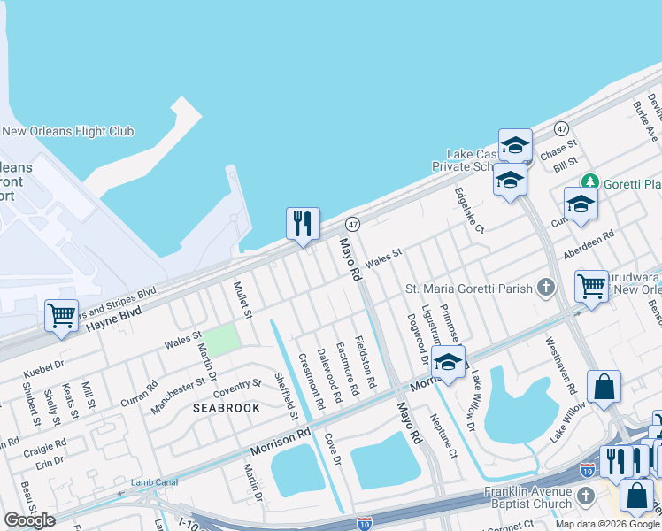 map of restaurants, bars, coffee shops, grocery stores, and more near 7900 Mayo Boulevard in New Orleans