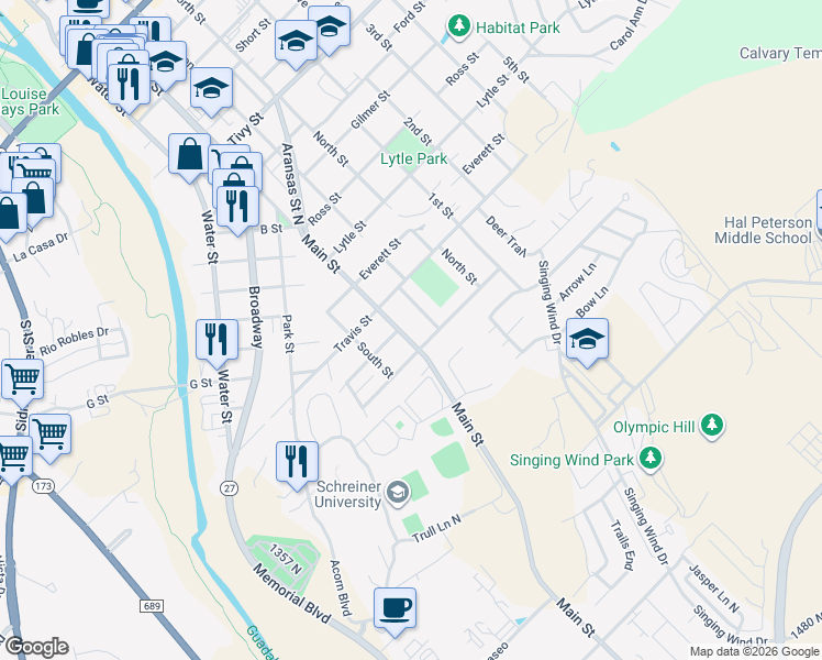 map of restaurants, bars, coffee shops, grocery stores, and more near 1708 East Main Street in Kerrville