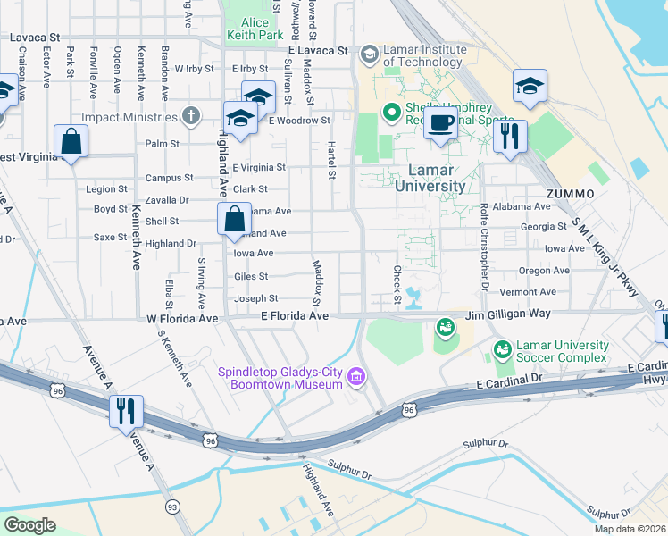 map of restaurants, bars, coffee shops, grocery stores, and more near 5020 Chambers Street in Beaumont