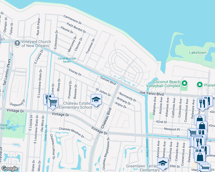 map of restaurants, bars, coffee shops, grocery stores, and more near 1014 Saint Julien Drive in Kenner