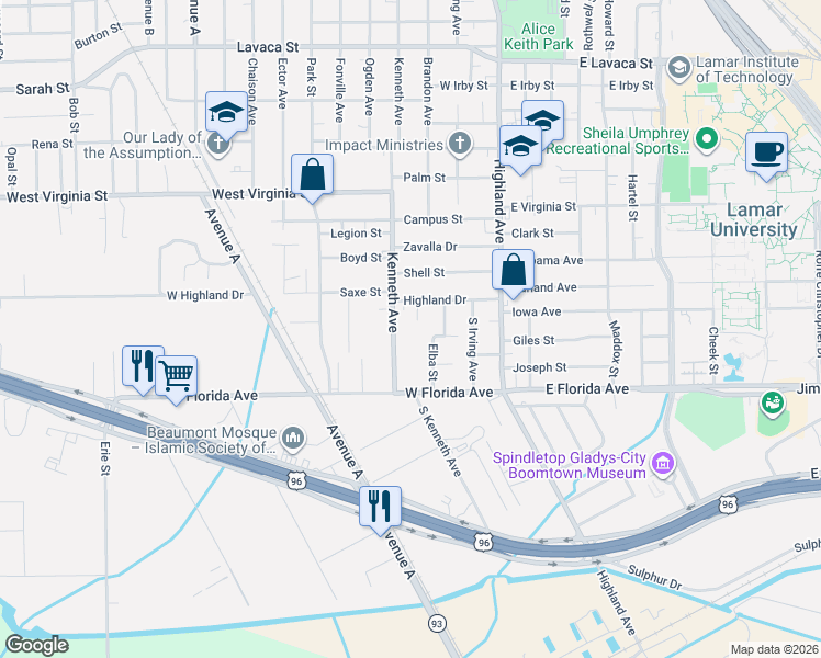 map of restaurants, bars, coffee shops, grocery stores, and more near 4970 Metz St in Beaumont