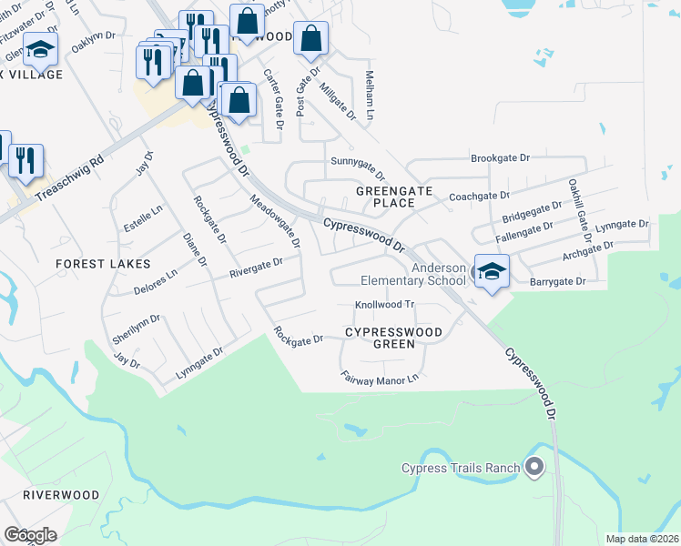 map of restaurants, bars, coffee shops, grocery stores, and more near 5835 Fallengate Drive in Spring