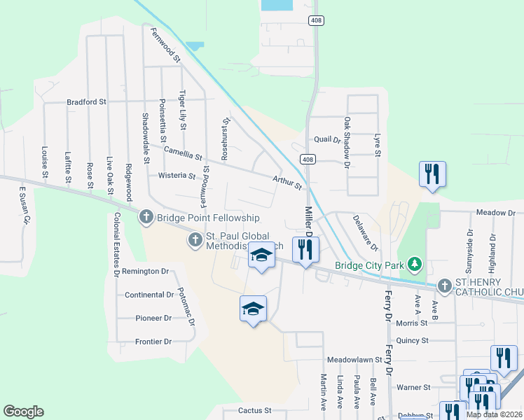 map of restaurants, bars, coffee shops, grocery stores, and more near 1109 Bernice Lane in Bridge City