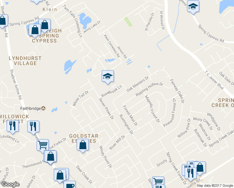 map of restaurants, bars, coffee shops, grocery stores, and more near 6702 Oak Masters Drive in Spring