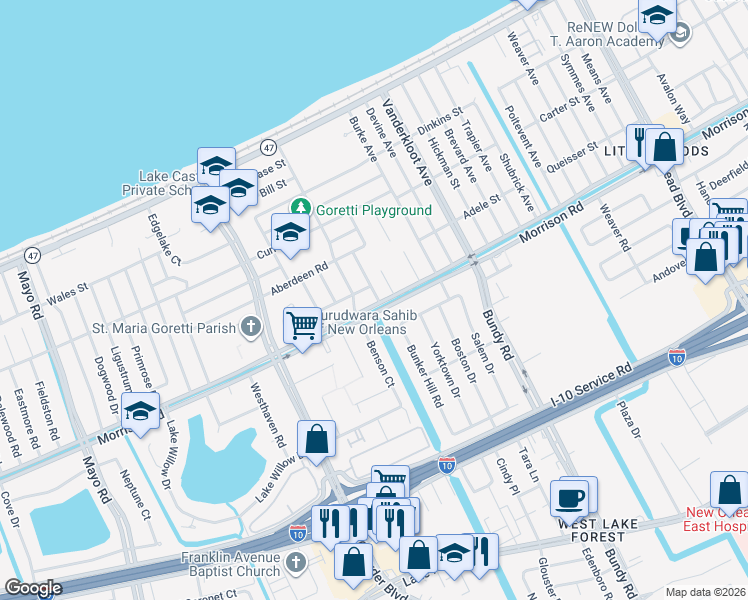 map of restaurants, bars, coffee shops, grocery stores, and more near 8741 Morrison Road in New Orleans