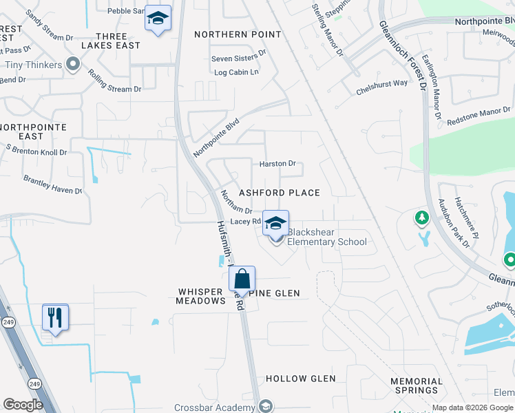 map of restaurants, bars, coffee shops, grocery stores, and more near 11010 Northam Drive in Tomball