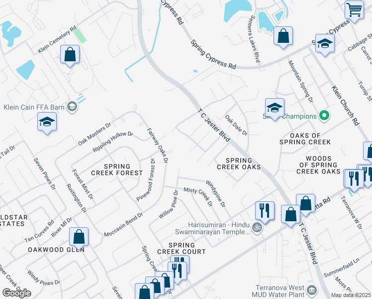 map of restaurants, bars, coffee shops, grocery stores, and more near 6007 Spanish Oak Way in Spring