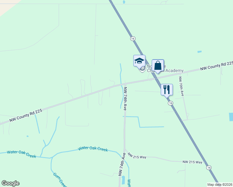 map of restaurants, bars, coffee shops, grocery stores, and more near 7668 Northwest County Road 225 in Starke