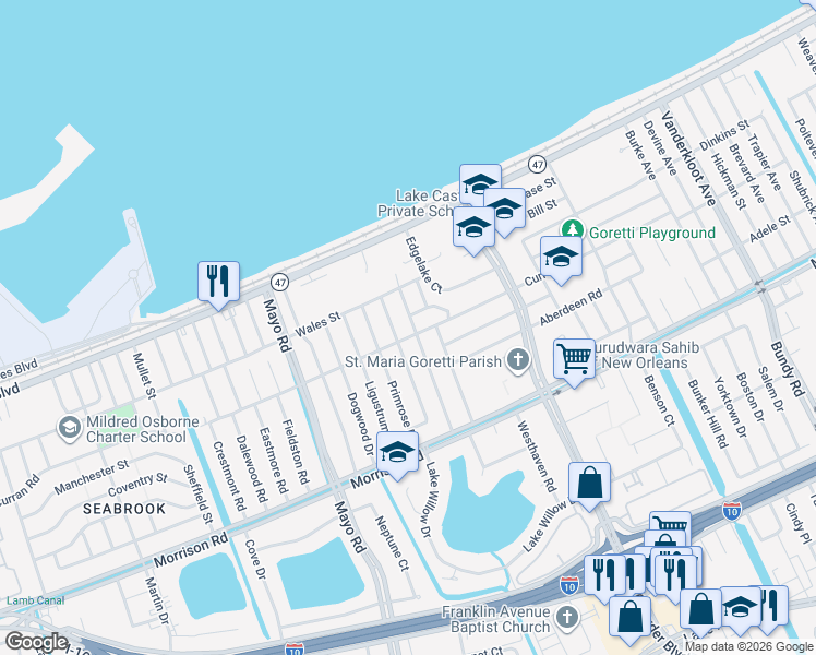 map of restaurants, bars, coffee shops, grocery stores, and more near 7631 Ebbtide Drive in New Orleans