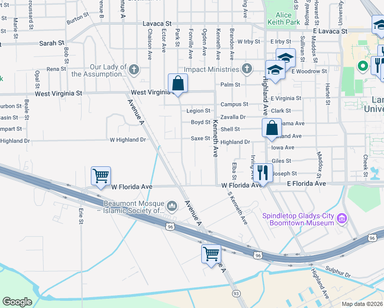 map of restaurants, bars, coffee shops, grocery stores, and more near 4930 Wyatt Street in Beaumont