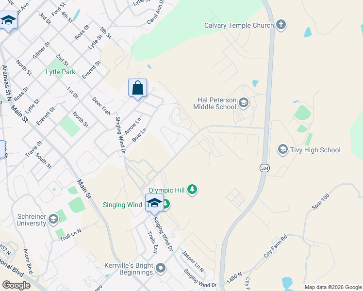 map of restaurants, bars, coffee shops, grocery stores, and more near 2200 San Jacinto Drive in Kerrville