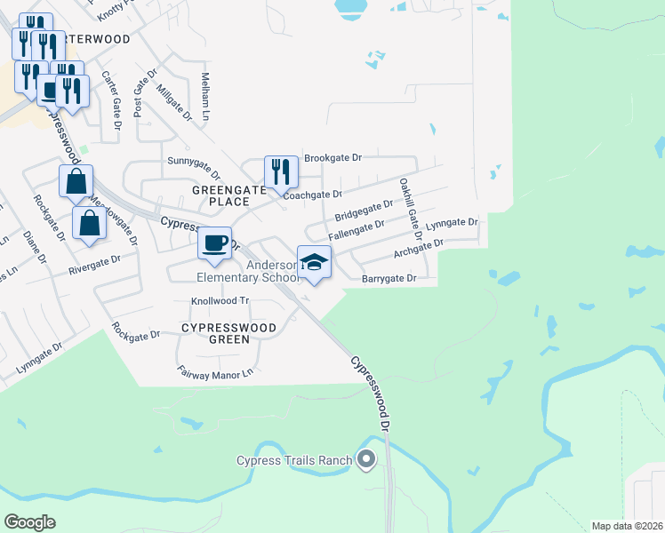 map of restaurants, bars, coffee shops, grocery stores, and more near 22215 Spring Gate Drive in Spring
