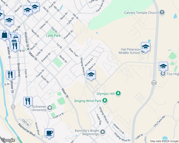 map of restaurants, bars, coffee shops, grocery stores, and more near 701 Bow Lane in Kerrville