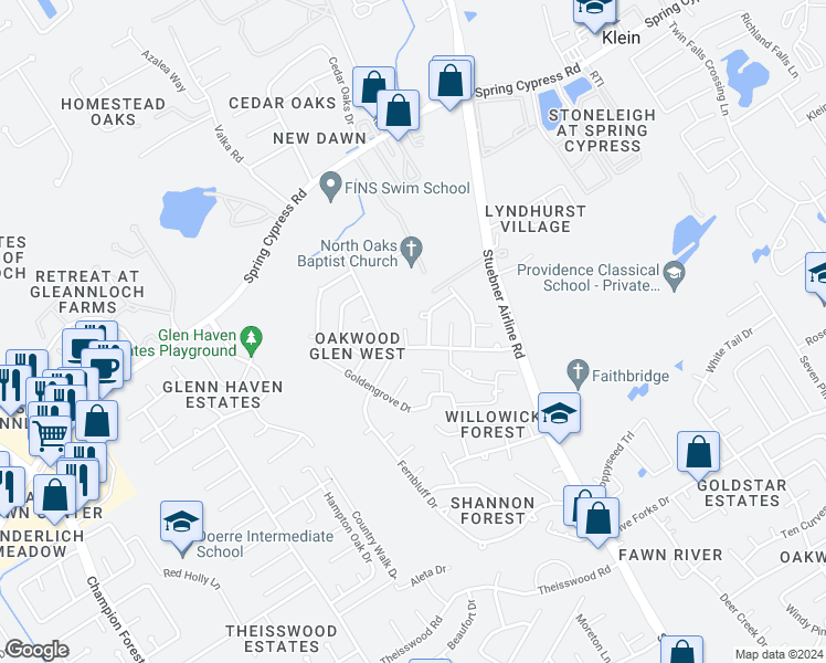 map of restaurants, bars, coffee shops, grocery stores, and more near 18510 Tynecreek Lane in Spring