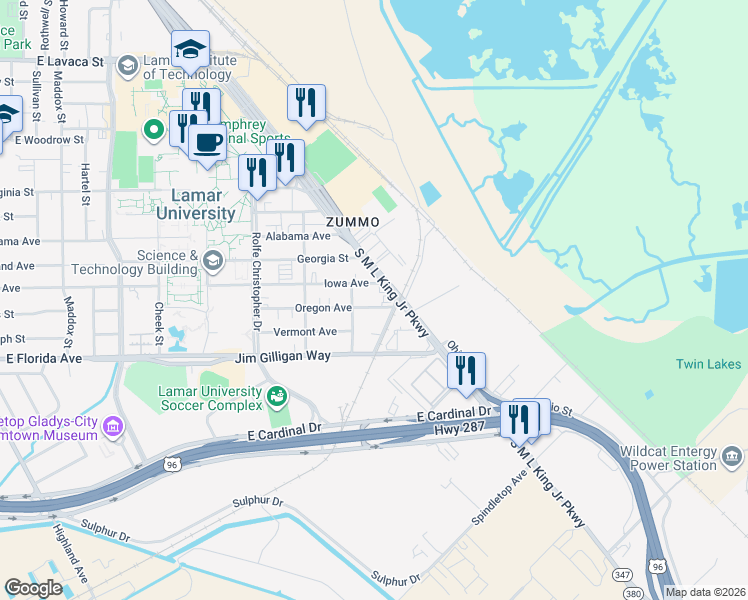 map of restaurants, bars, coffee shops, grocery stores, and more near 1266 Oregon Avenue in Beaumont