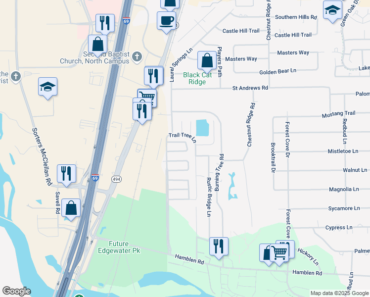 map of restaurants, bars, coffee shops, grocery stores, and more near 412 Mystic Trail Loop in Humble
