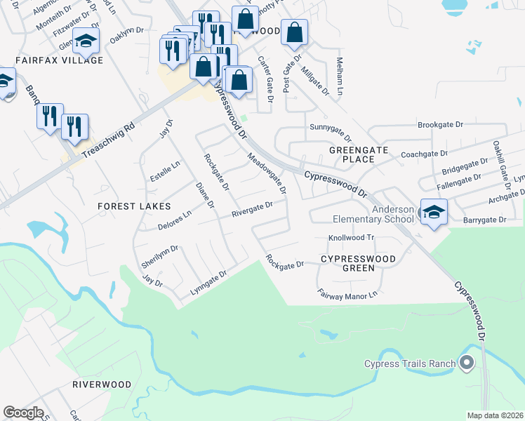 map of restaurants, bars, coffee shops, grocery stores, and more near 5603 Bridgegate Drive in Spring