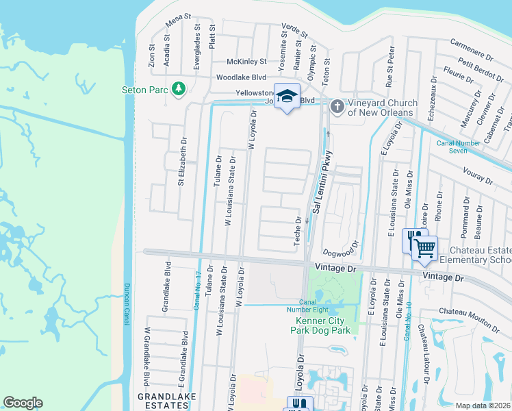 map of restaurants, bars, coffee shops, grocery stores, and more near 4049 Turtle Bayou Drive in Kenner