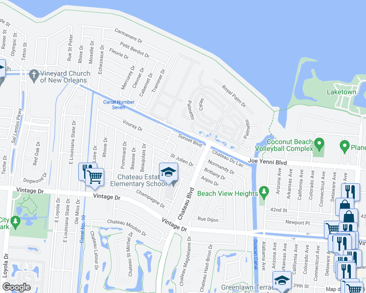map of restaurants, bars, coffee shops, grocery stores, and more near 4212 Paradis Lane in Kenner