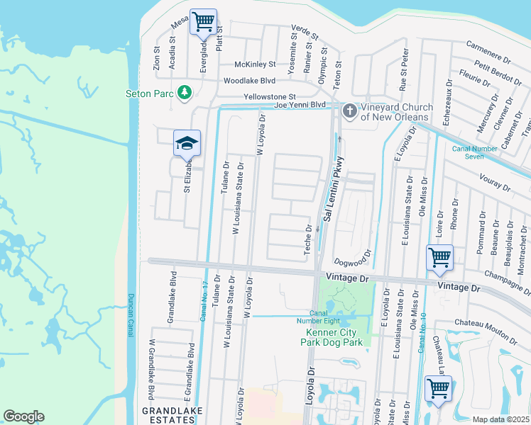 map of restaurants, bars, coffee shops, grocery stores, and more near 4049 Turtle Bayou Drive in Kenner
