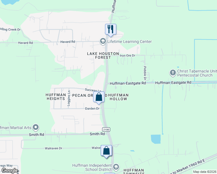 map of restaurants, bars, coffee shops, grocery stores, and more near 20213 Farm to Market 2100 in Huffman